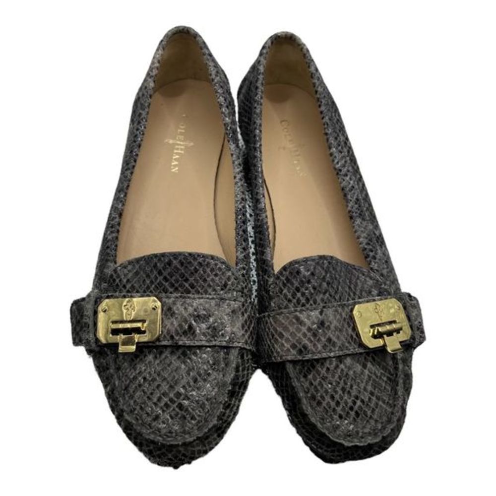 Cole Haan Gray Snakeskin-Pattern Leather Loafers with Gold Buckles